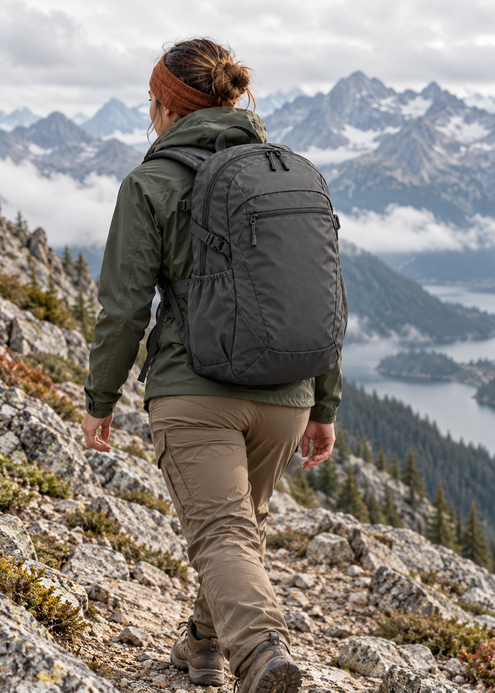 A hiker carrying a daypack above the treeline.