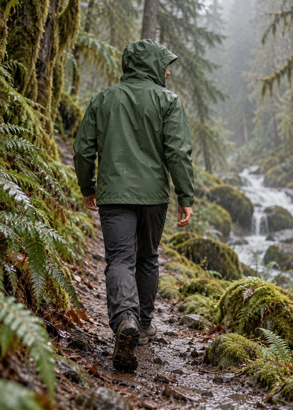 A rain shell on a wet forest trail in the rain.