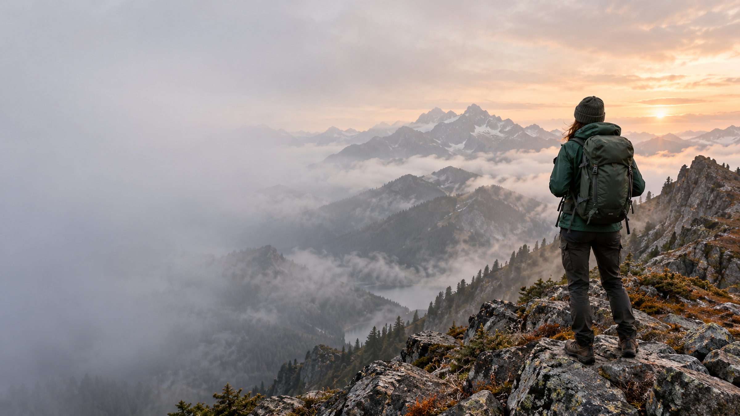A hiker in a forest-green rain shell on a misty alpine ridge at dawn.