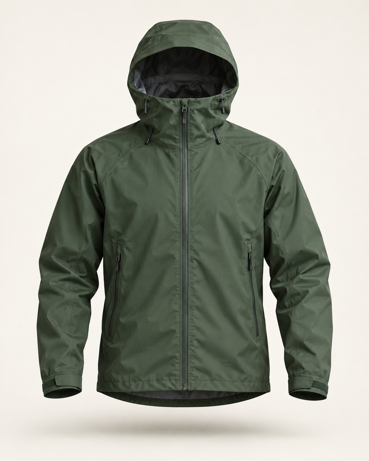 The Stormline Shell, a forest-green waterproof jacket.